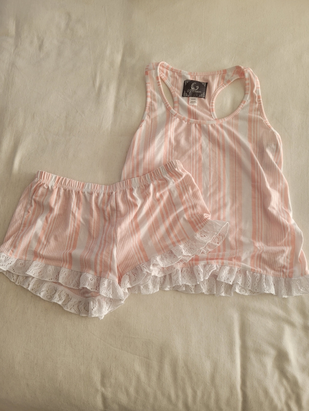 NWT Women’s Size Medium Pink Stripe Lace-Trim Pajama Set